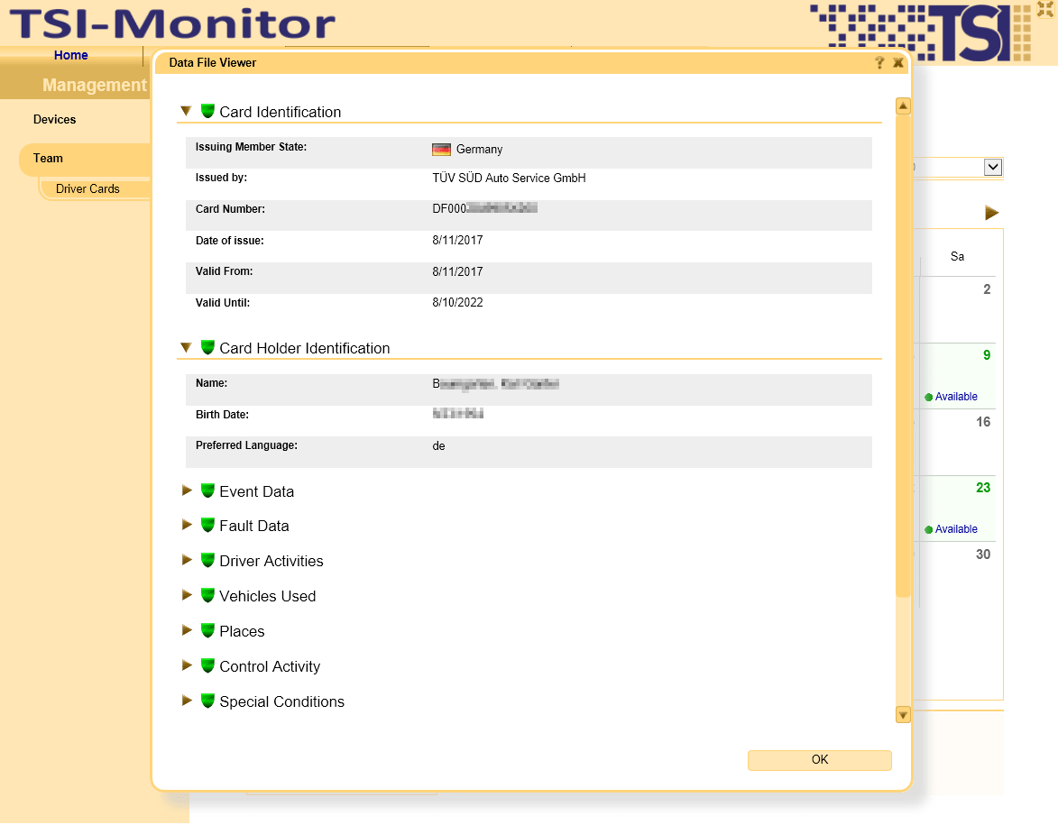 View details about the activity data, detailed event or technical data